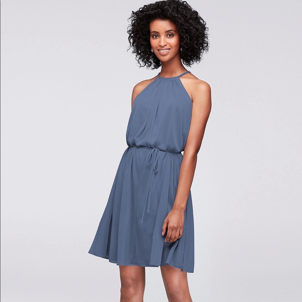 Soft mesh short halter bridesmaids dress